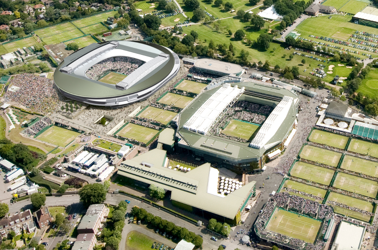 A computer generate image of the roof installed on No. 1 Court, in the top left-hand corner of the picture. Image courtesy of KSS Design Group.