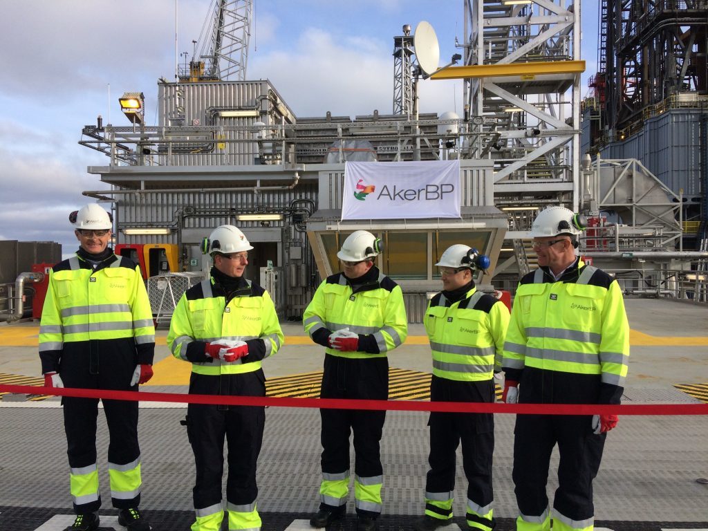 From left: AkerBP chairman Øyvind Eriksen,, Norwegian Energy Minister Terje Søviknes., AkerBP chief executive Karl Johnny Hersvik, Ivar Aasen OIM Bjørn Thore Ribesen and Aker BP's Sverre Skogen.