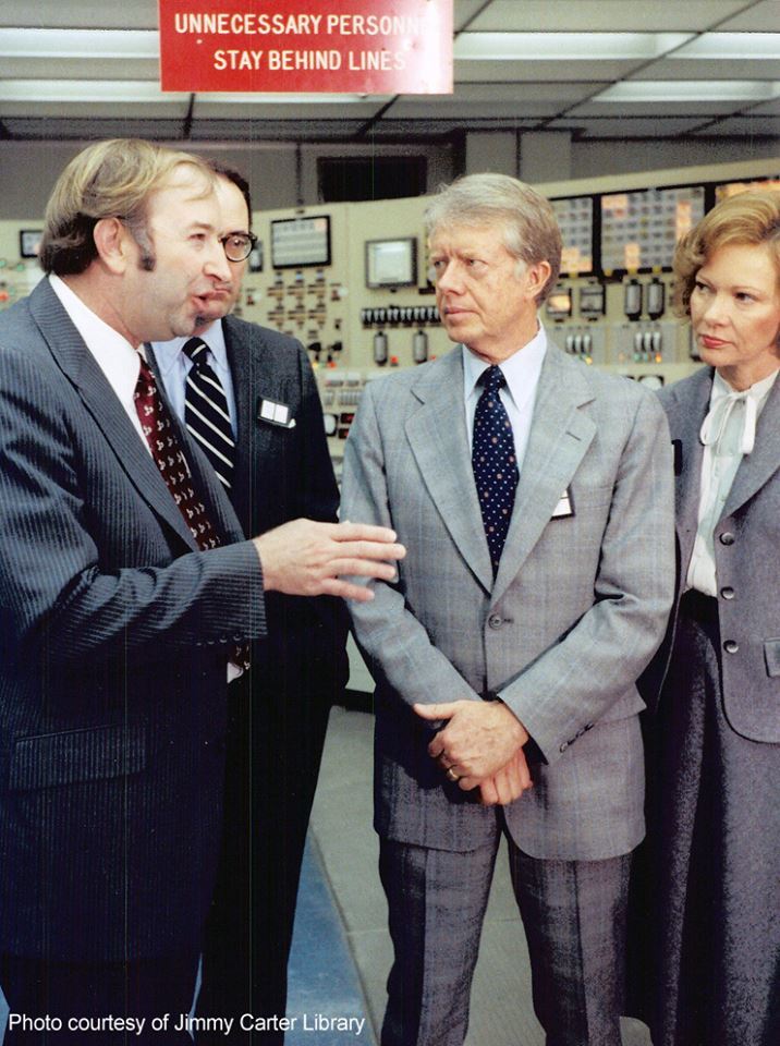 Photo courtesy of Jimmy Carter Library: NRC's Harold Denton (left) provides information on the situation at TMI-2 to President Jimmy Carter (Center).