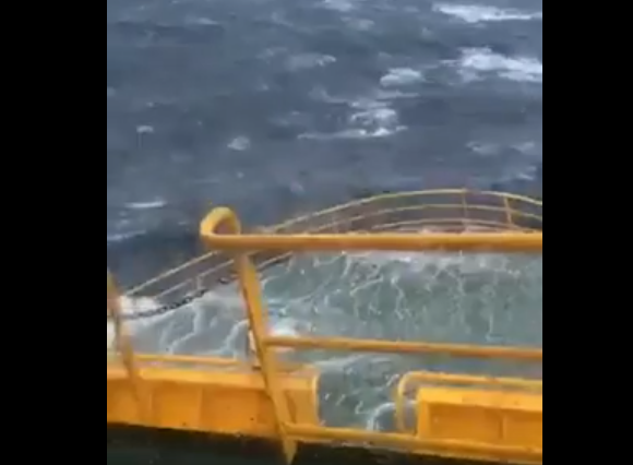 Footage of a ship crashing through huge North Sea waves. Video published by Benji.