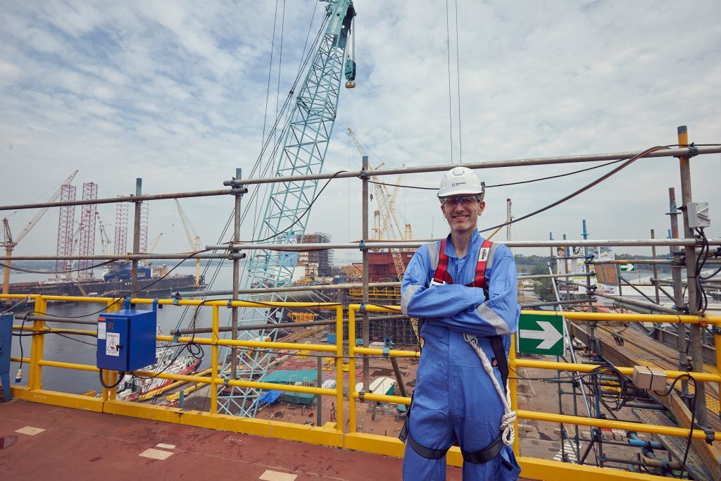 Morten Kelstrup, managing director of Maersk Oil North Sea UK, on top of the central processing facility (CPF) for the Culzean field. The platform is being built at Sembcorp Marine's Admiralty Yard in Singapore. Photograph courtesy of Alfred NG Photography and Maersk Oil UK