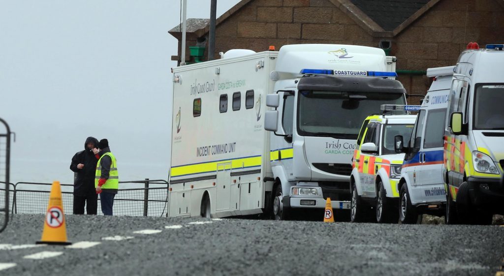 Irish Coastguard vehicles at Blacksod Lighthouse, Co. Mayo, Ireland as the search continues for an Irish Coast Guard helicopter which went missing off the west coast of Ireland