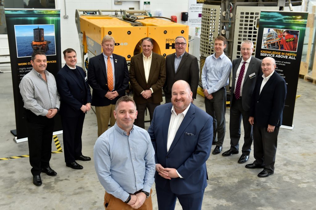 Business - Aberdeen-Houston Gateway delegates visited Rovop, who will make expansion announcement.
Picture of (L-R) Euan Tait (Commercial Director, ROVOP), Jeffrey Blair (Director, Europe, Middle East and Africa - Greater Houston Partnership) and Houston delegates.