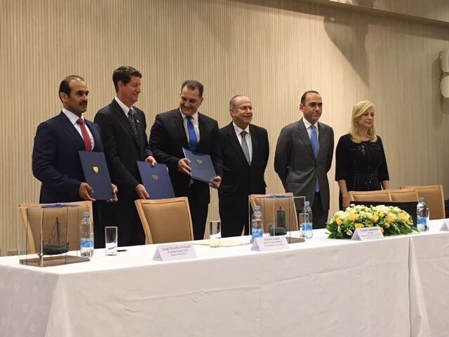 Officials from ExxonMobil, Qatar Petroleum and the Cypriot Government at the signing.