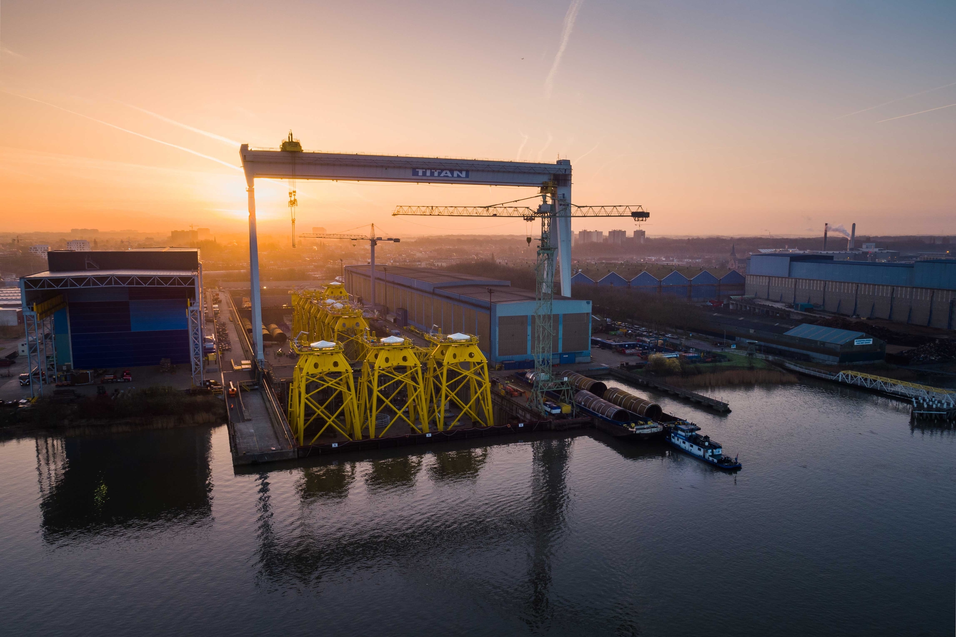 Jackets for the Beatrice offshore wind farm at Smulders’ fabrication yard in Belgium, which will be installed at the site by Seaway Heavy Lifting.