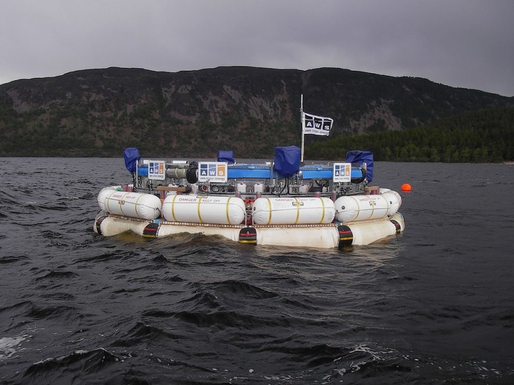 A 1/9th scale test version of the AWS Ocean Energy III wave power device shown here during testing on Loch Ness.