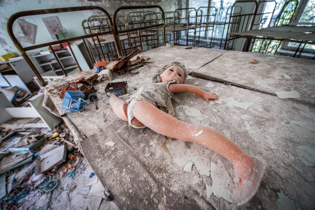 children beds in Cheburashka kindergarten in Pripyat ghost town, Chernobyl Nuclear Power Plant Zone of Alienation, Ukraine