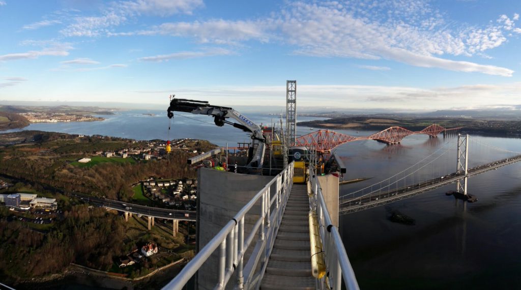 A Brimmond rental crane on top of one of the Queensferry Crossing's towers.
Picture courtesy of Transport Scotland.