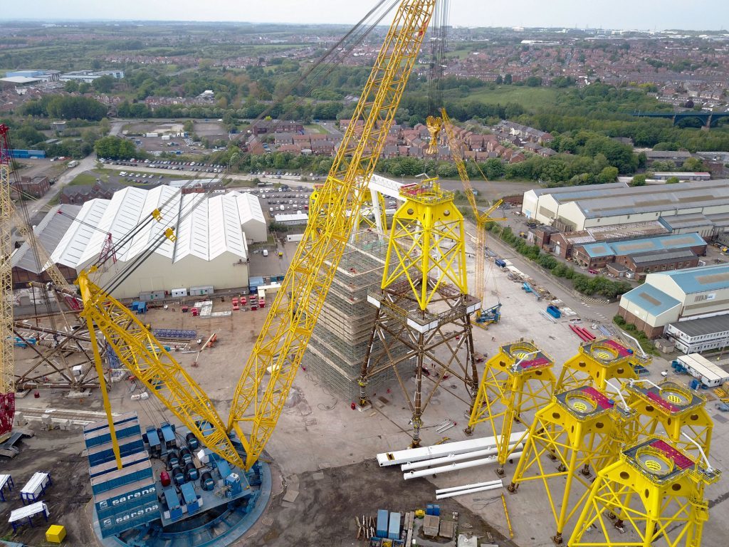 Jackets for the Beatrice offshore wind farm being at Smulders’ fabrication yard in Belgium, which will be installed at the site by Seaway Heavy Lifting.