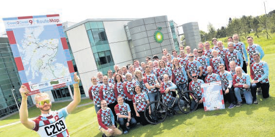 BP staff embark on their annual Coast to Coast charity challenge. They are pictured at their premises at Dyce. Jamie Davidson shows the route.