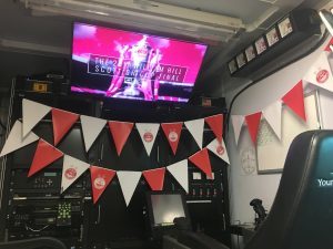 The control room decorated in Aberdeen FC bunting 