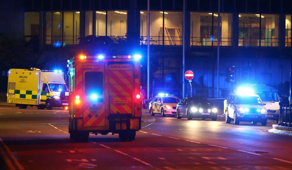Emergency services arrive  close to the Manchester Arena on May 23, 2017