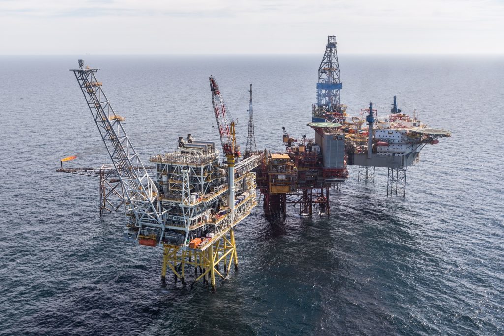 The Repsol Sinopec Resourses UK's Montrose Alpha platform with the Montrose BLP located in the North Sea