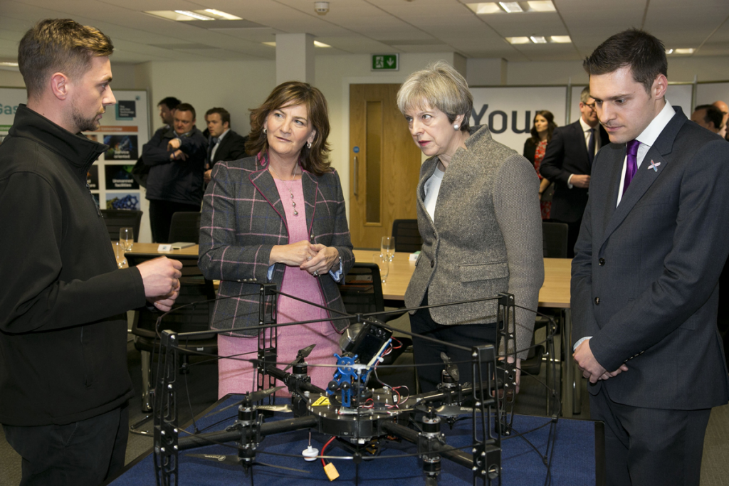 Oil and Gas Technology Centre chief executive Colette Cohen, second left, gives Prime Minister Theresa May and Aberdeen South prospective parliamentary candidate Ross Thomson, right, a tour of the OGTC