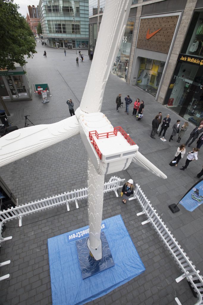 World Record adjudicator Anna Orford watches as the LEGO Group attempts a World Record for the largest wind turbine made out of LEGO bricks, at Liverpool ONE.