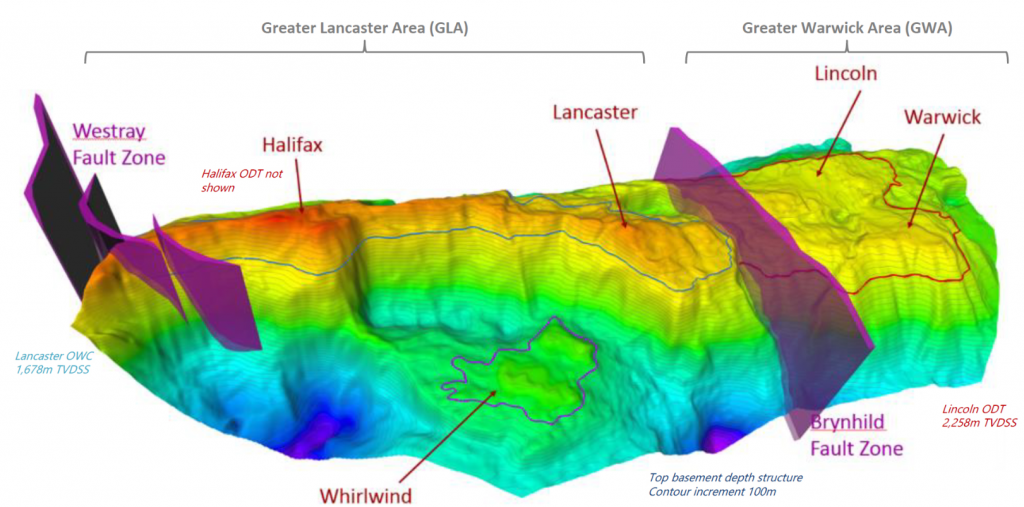 Hurricane's view is that its Rona Ridge assets are separated into two accumulations - the Greater Lancaster Area and Greater Warwick Area