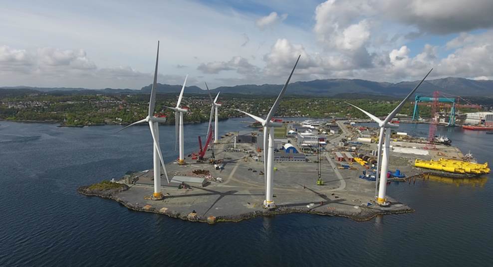 The Hywind turbines at a yard in Norway