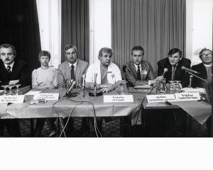 An ARI Press conference. Left to right: Community medicine specialist Dr Gordon Stone; duty nursing officer Mrs Anne Smith; consultant psychiatrist Dr Douglas Fowlie; Accident and Emergency consultant Dr Graham Page; Acute Services Unit general manager Mr James Barbour; consultant plastic surgeon Mr Colin Rayner, and hospital chaplain the Rev. Alan Swinton. 