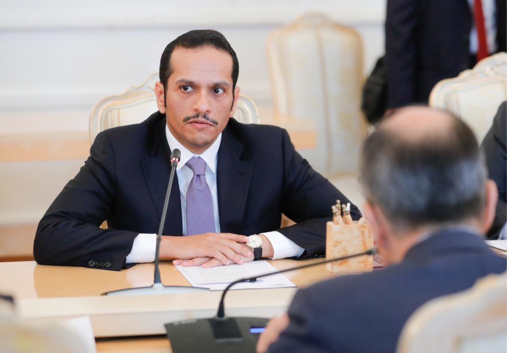 Qatar's Foreign Minister Mohammed bin Abdulrahman Al Thani during a meeting with Russia's Foreign Minister Sergei Lavrov at the Russian Foreign Ministry's Reception House