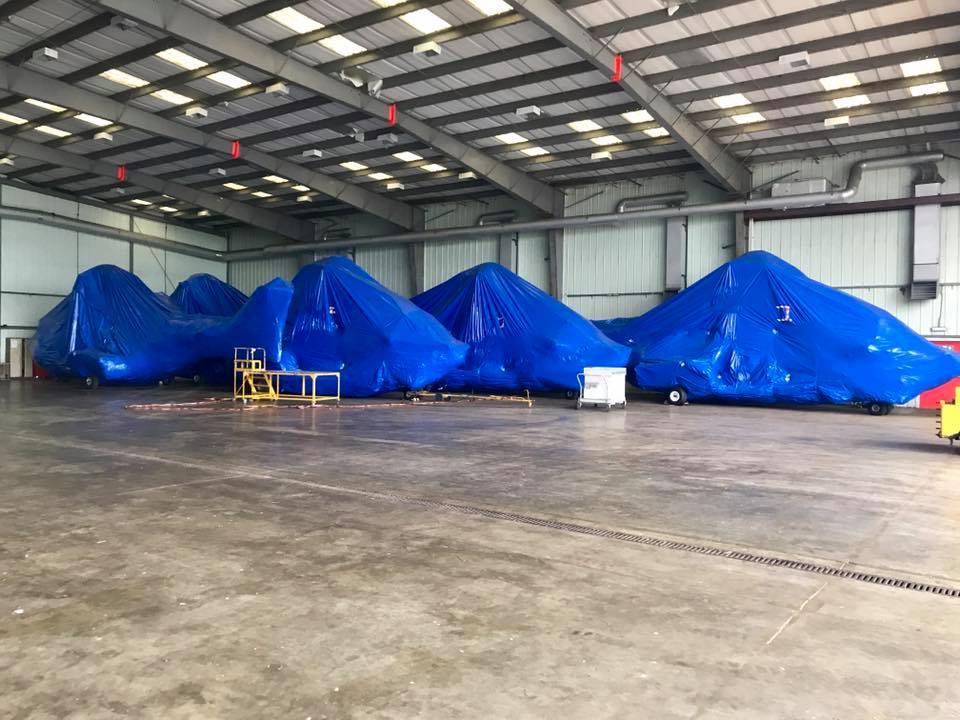 Mothballed Super Puma helicopters in a warehouse in Aberdeen in 2017.