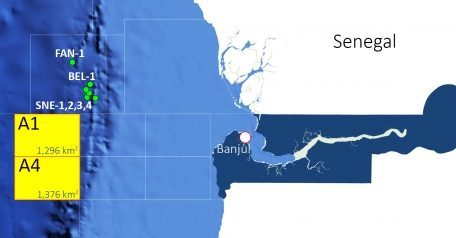 A map of the two disputed blocks off Gambia.