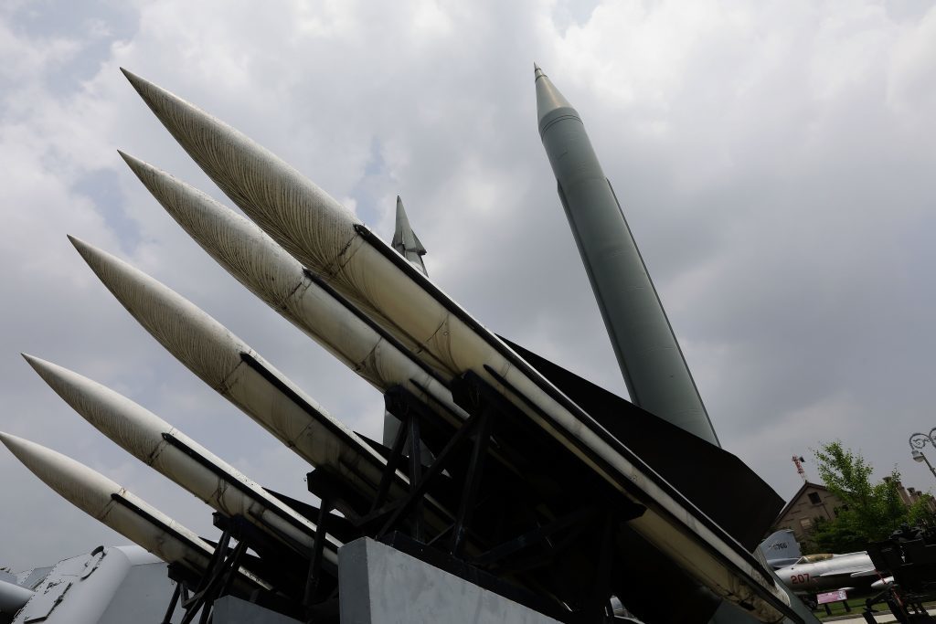 A North Korea Scud-B missile (R) is displayed at the Korea War Memorial Museum on July 4, 2017 in Seoul, South Korea. North Korea fired an unidentified ballistic missile on Tuesday from a location near the North's border with China into waters at Japan's exclusive economic zone.