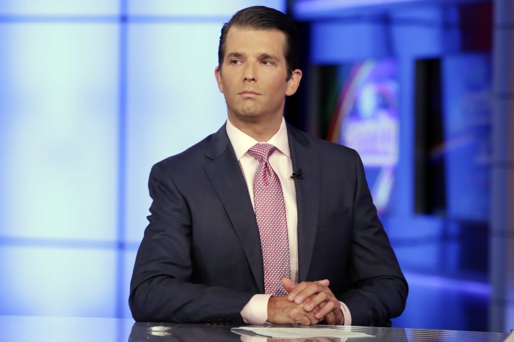 Donald Trump Jr. is interviewed by host Sean Hannity on his Fox News Channel television program, in New York