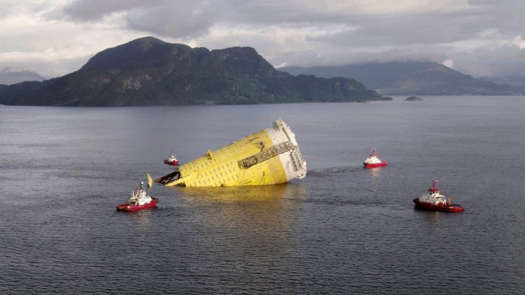 Photo of upending operation of the huge substructure for the Aasta Hansteen gas platform in Klosterfjorden near Haugesund.(Photo: Espen Rønnevik and Roar Lindefjeld/Statoil)