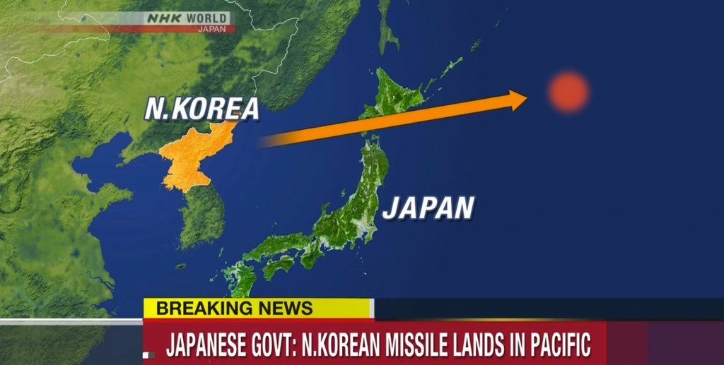 Local TV images after North Korea has fired a missile that flew over northern Japan before crashing into the sea, the Japanese government says.
No effort was made by the Japanese to shoot down the missile, which was launched early in the morning local time, triggering safety warnings.