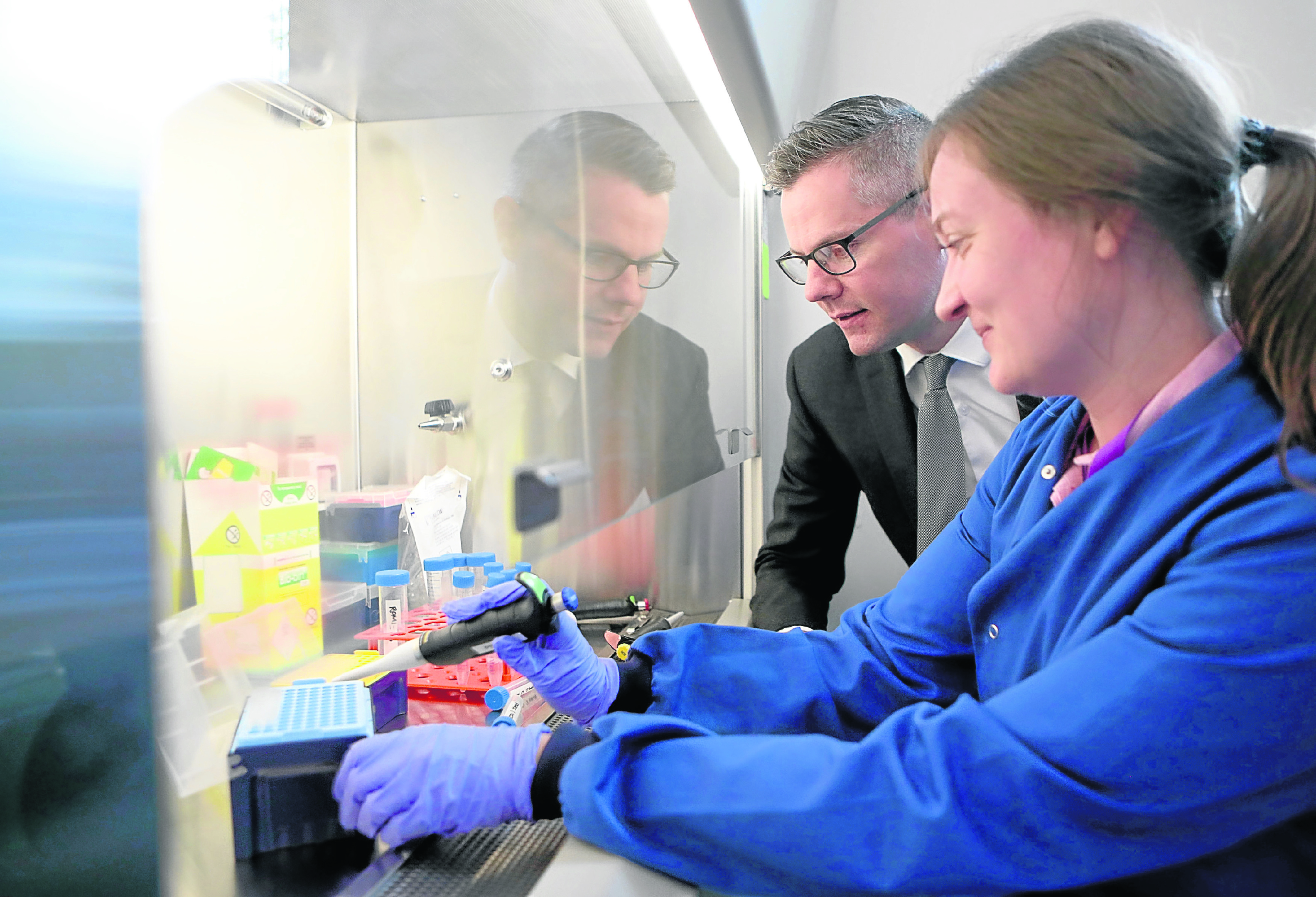 Finance Secretary Derek Mackay with Dr Joanne Hay during a visit to life sciences business, Aquila Biomedical, yesterday