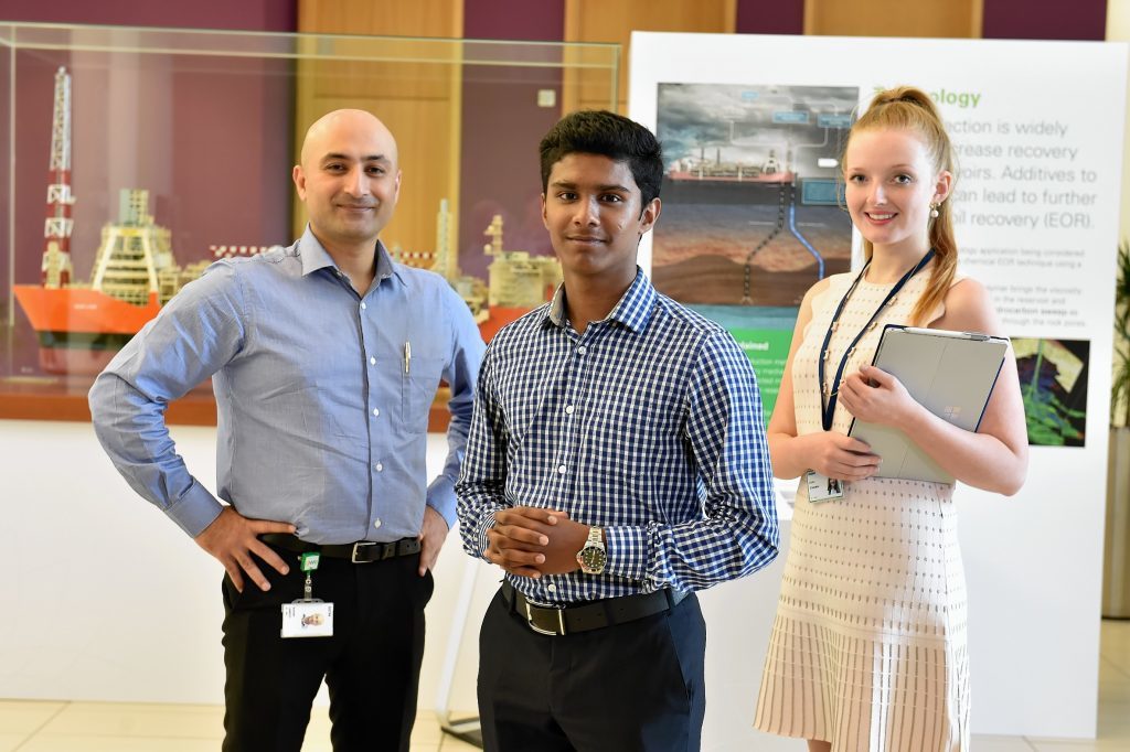 The BP Mentoring Program.
Picture of (L-R) mentor Manish Labroo, work experience Jeswin Vardhese and Laura Steedman at BP Headquarters, Dyce.