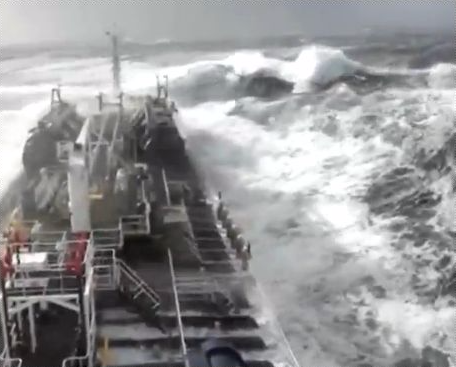 M/T Hulin on the North Atlantic Ocean. Wind speed: 90 - 100 kts; Beufort scale: 14 -15; Height of waves: 15-20 mts