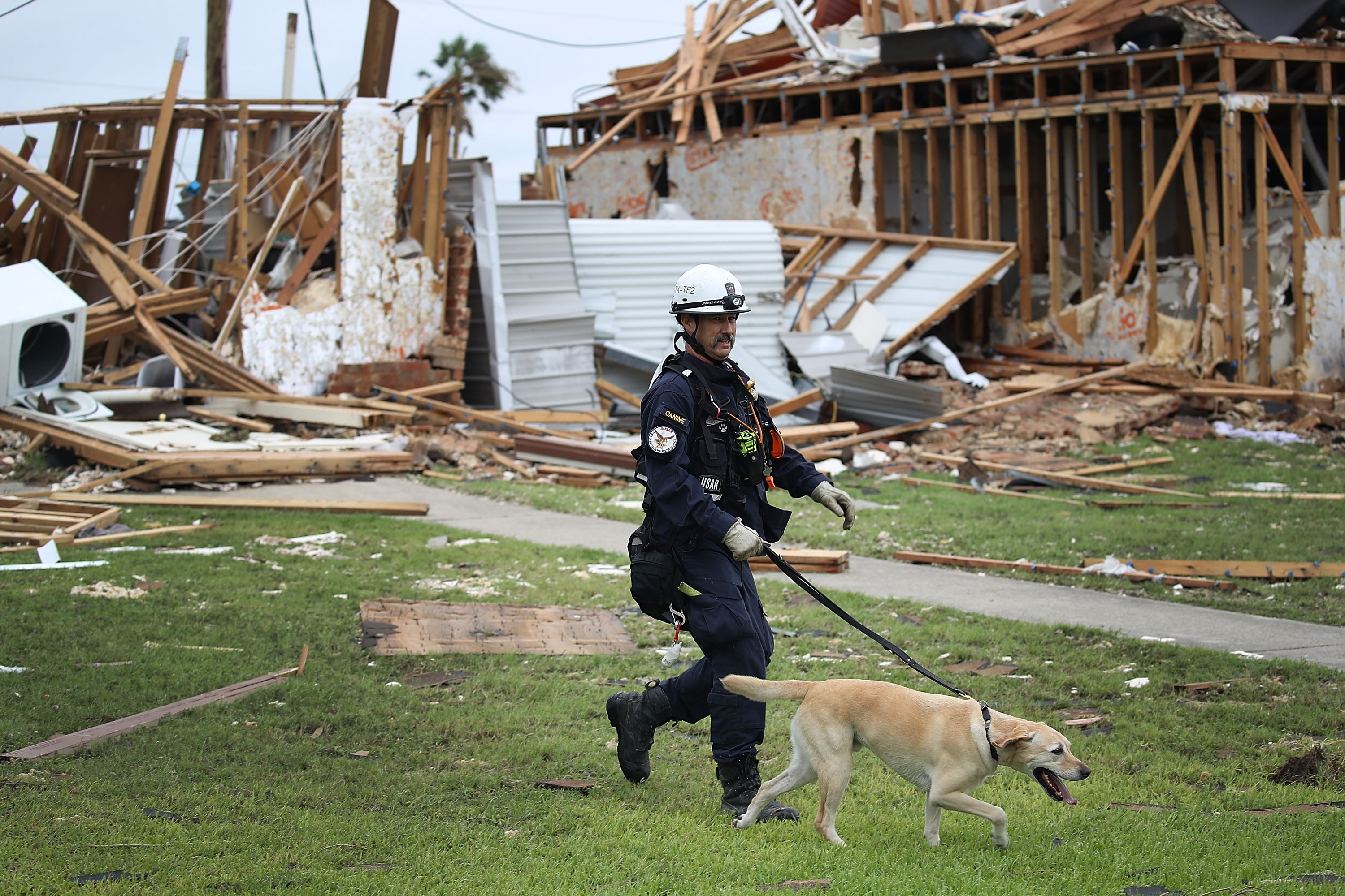 Robert Grant and Rocky from the Texas Task Force 2 search and rescue team work through a destroyed apartment complex trying to find anyone that still may be in the apartment complex after Hurricane Harvey passed through on August 27, 2017 in Rockport, Texas.