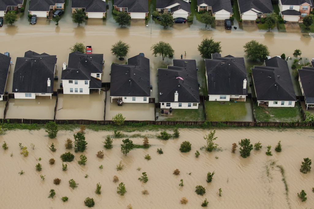 Residential neighborhoods near the Interstate 10 sit in floodwater in the wake of Hurricane Harvey on August 29, 2017  in Houston, Texas.