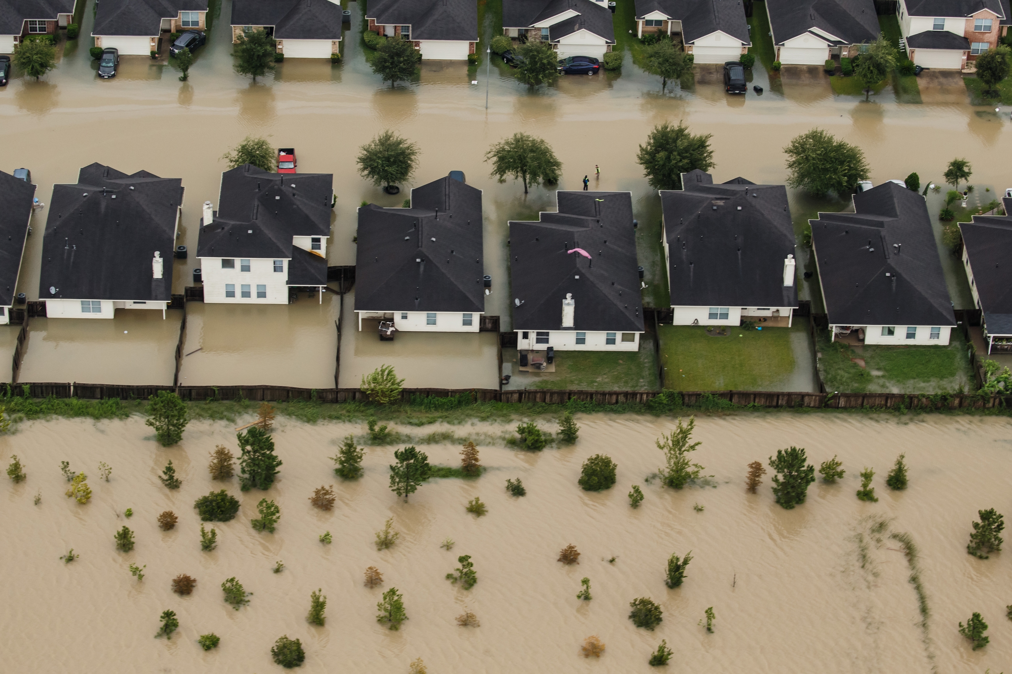 Residential neighborhoods near the Interstate 10 sit in floodwater in the wake of Hurricane Harvey on August 29, 2017  in Houston, Texas.