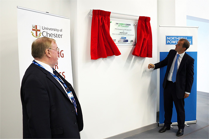 The Minister for the Northern Powerhouse and Local Growth, Jake Berry MP, officially opens the Energy Centre at Thornton with the Vice Chancellor of the University of Chester, Professor Tim Wheeler, looking on.
