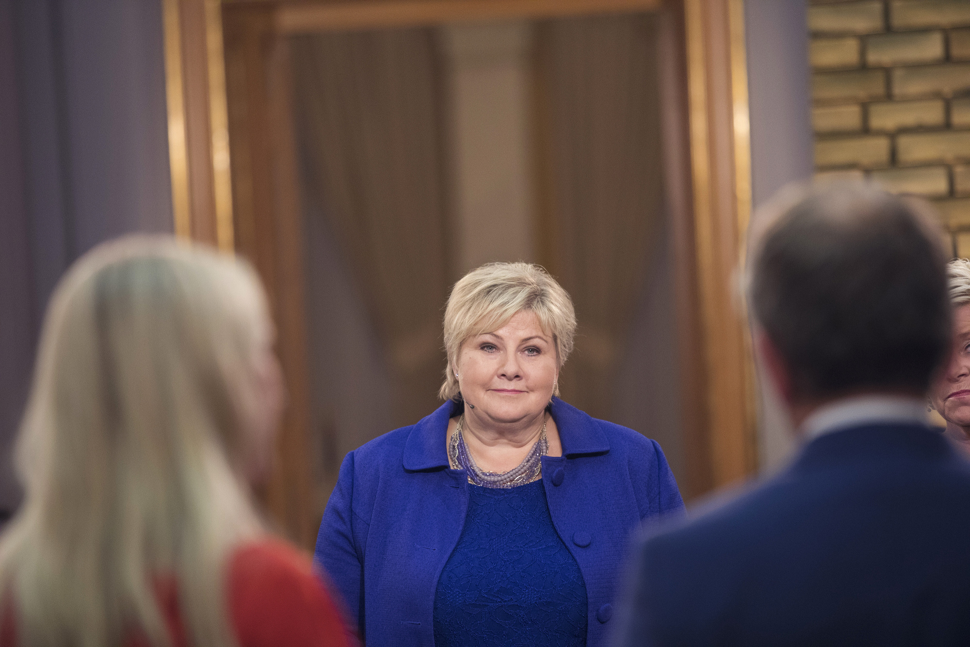 Erna Solberg during a televised debate in Oslo, Norway, on Sept. 12. Photographer: Kyrre Lien/Bloomberg