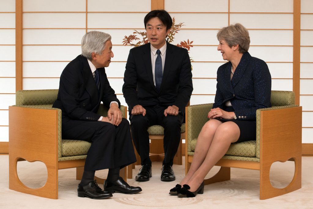 Britain's Prime Minister Theresa May (right) talks with Emperor Akihito of Japan (left) at the Royal Palace in Tokyo, on the third day of her visit to the  Japan. PRESS ASSOCIATION Photo. Picture date: Friday September 1, 2017. See PA story POLITICS Japan. Photo credit should read: Carl Court/PA Wire