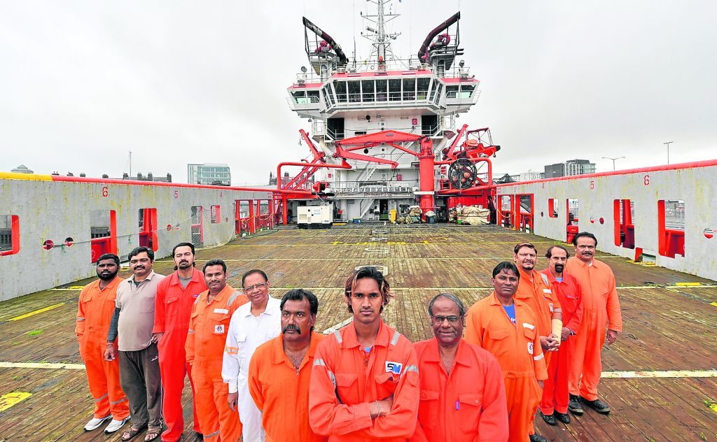 The crew of the Indian owned Malaviya Seven offshore vessel.