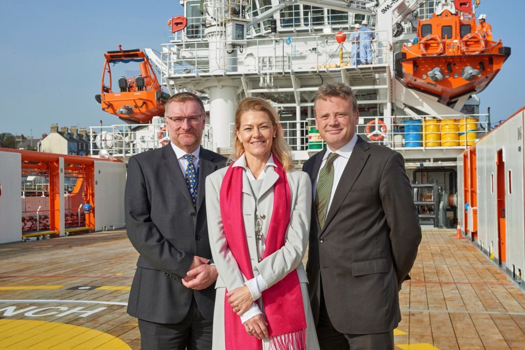 Celebrating the naming of Forties Sentinel are (left to right) Rory Deans, chief executive of Sentinel Marine, Ylva Tuft – the ship’s godmother – and Mervyn Williams, supply chain manager for INEOS Breagh.