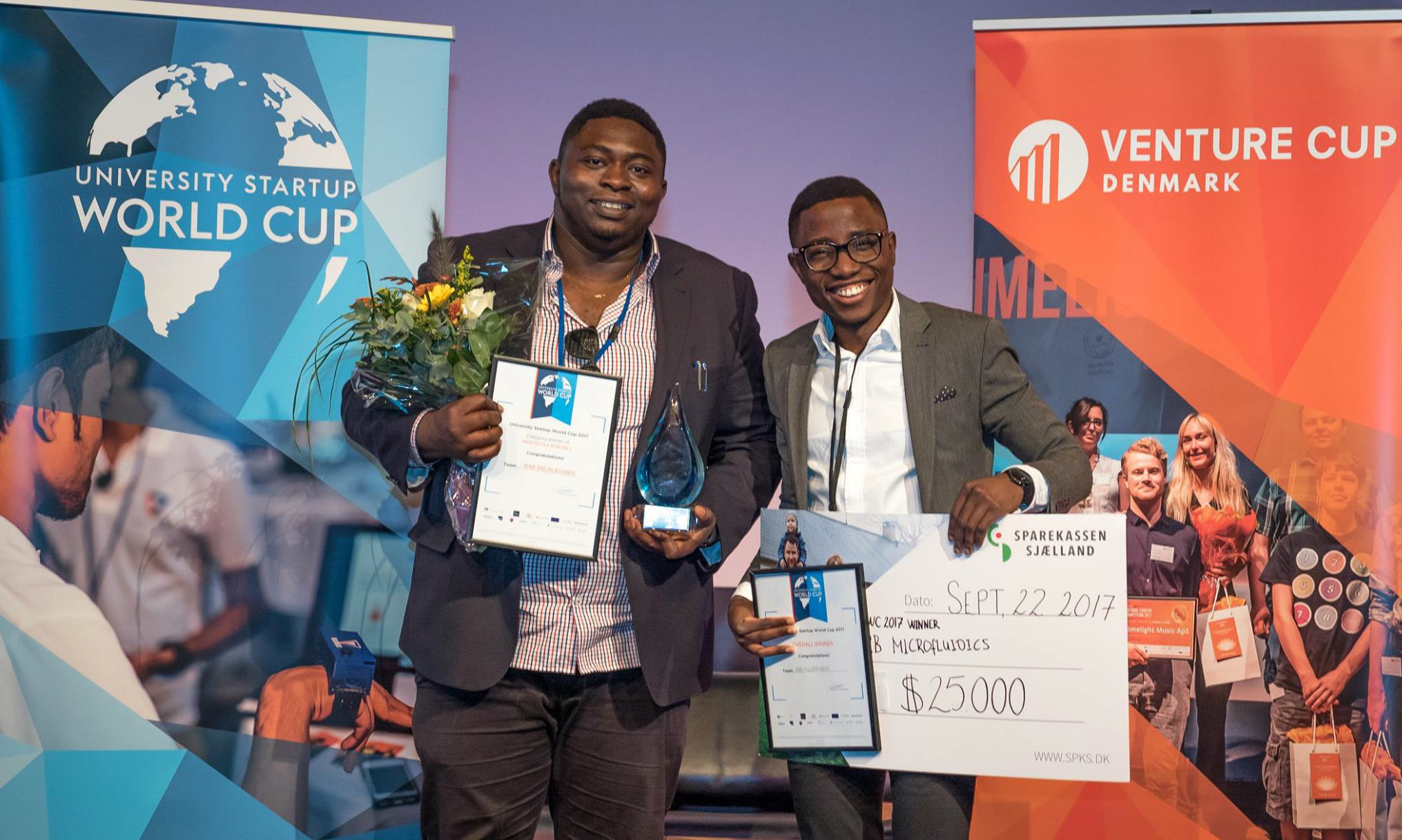 PIC: Rotimi Alabi (right) and Roy Bitrus celebrate the success of RAB-Microfluidics at the University Startup World Cup in Copenhagen.