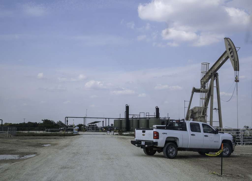 An oil field gate on Hindes Road in northeast La Salle Count.