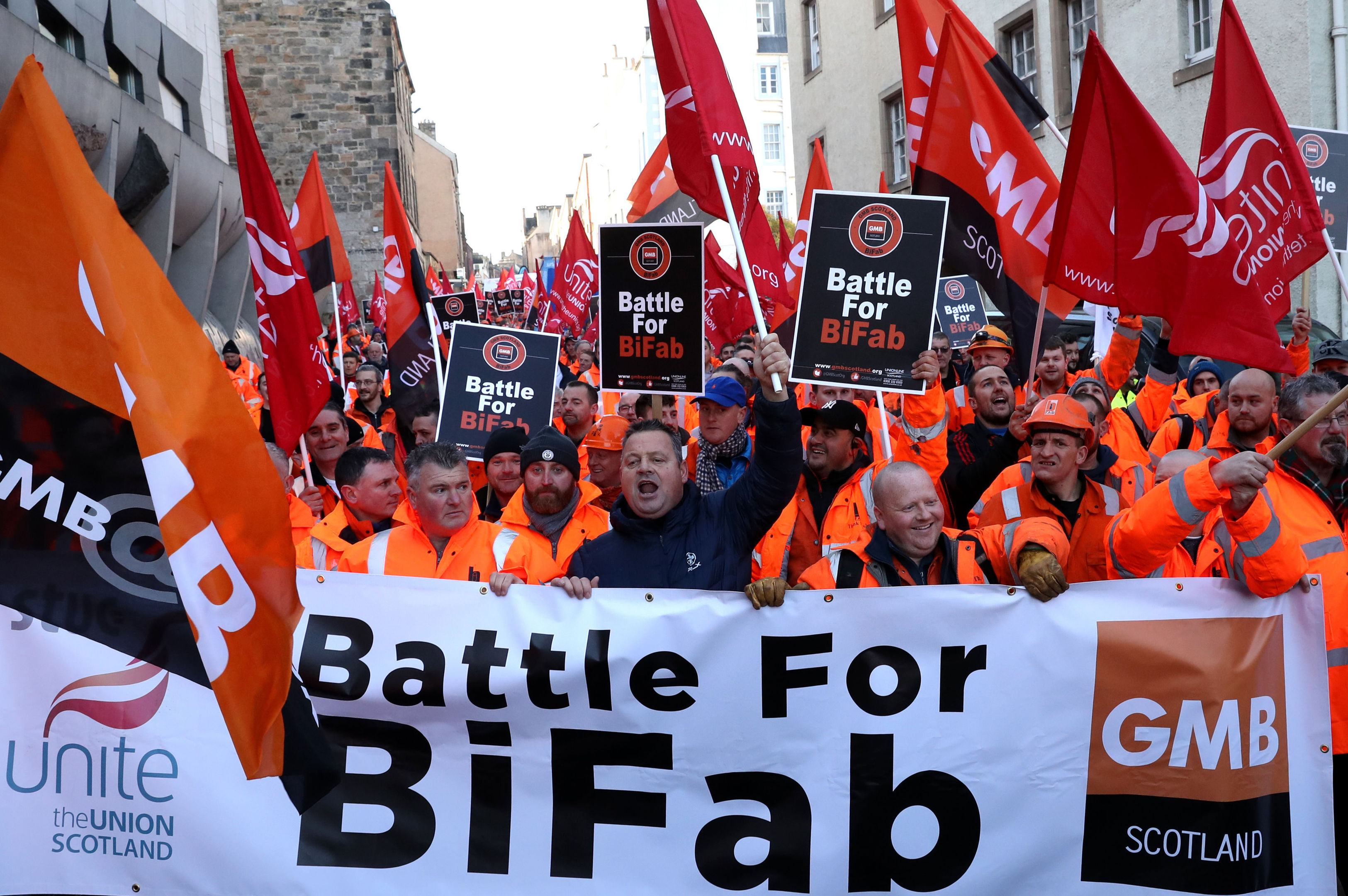 Workers from crisis-hit fabrication firm BiFab march through Edinburgh to the Scottish Parliament in a bid to raise awareness of their plight. PRESS ASSOCIATION Photo. Picture date: Thursday November 16, 2017. See PA story INDUSTRY BiFab. Photo credit should read: Andrew Milligan/PA Wire