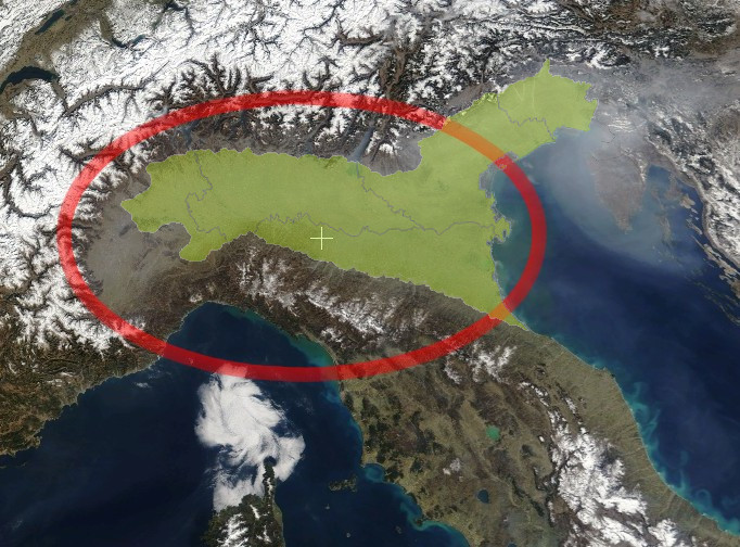 The Padan Plain in Northern Italy (green) and the Po river basin in the Plain (red circle)