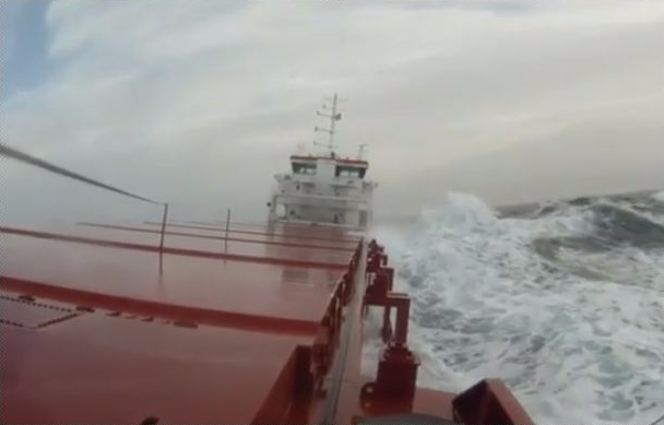 Video of a ship rolling off the coast of Norway