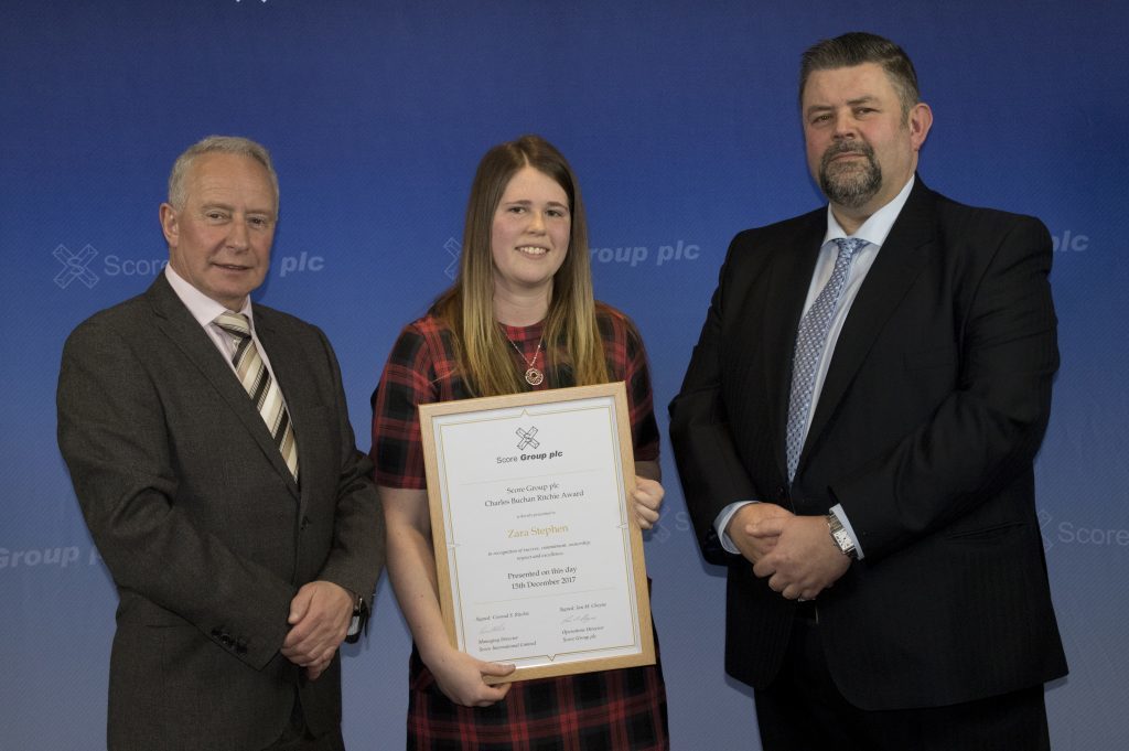 The Charles Buchan Ritchie Award was presented to Zara Stephen, pictured with Score Group operations director Ian Cheyne and Conrad Ritchie (right)