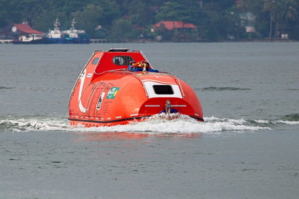 A self-propelled hyperbaric lifeboat in water during trial