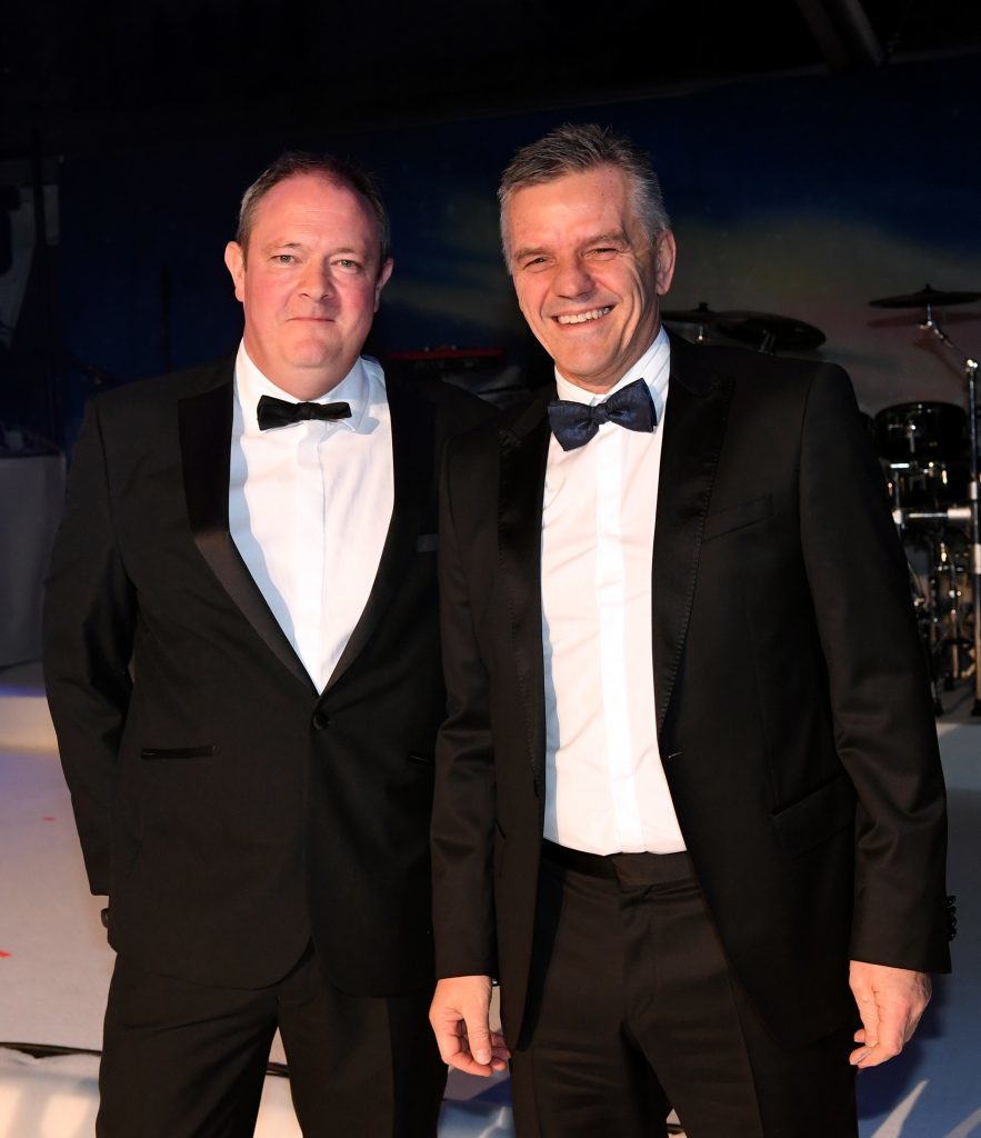 The Press and Journal Energy Snow Ball (2017) at The Quadrangle, Marischal College, Aberdeen.           
Pictured - Press and Journal Editor, Richard Neville (left) with the winner of the helicopter trip Chris Cox of Centrica.    
Picture by Kami Thomson    02-12-17