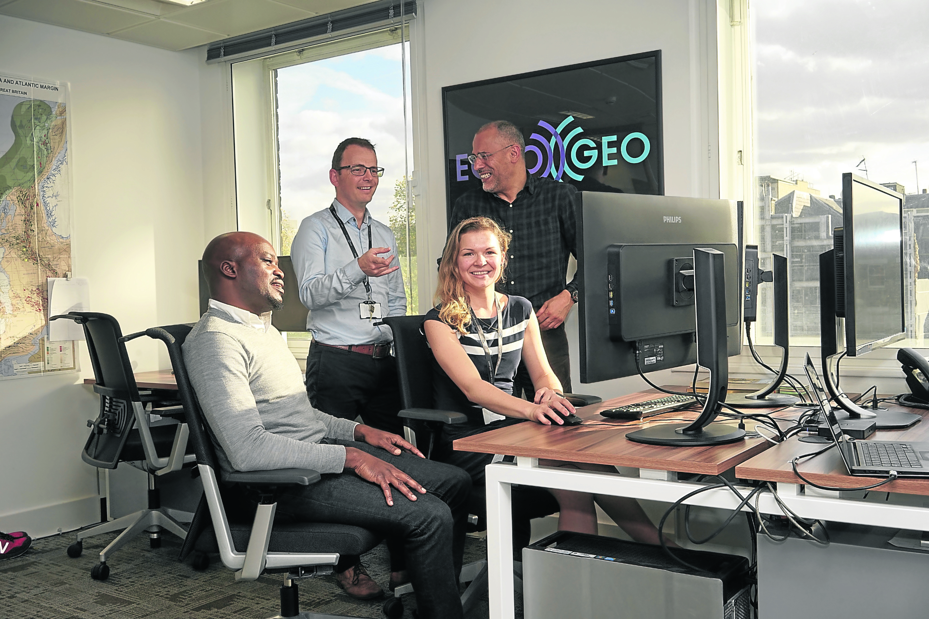 Richard Hiney, managing director of Echo Geo (standing left)
Eddine Bellatreche, geophysics advisor (standing right)
Anthony Avu, geophysics advisor (seated left)
Sarka Hlavackova, associate geoscientist (seated right)