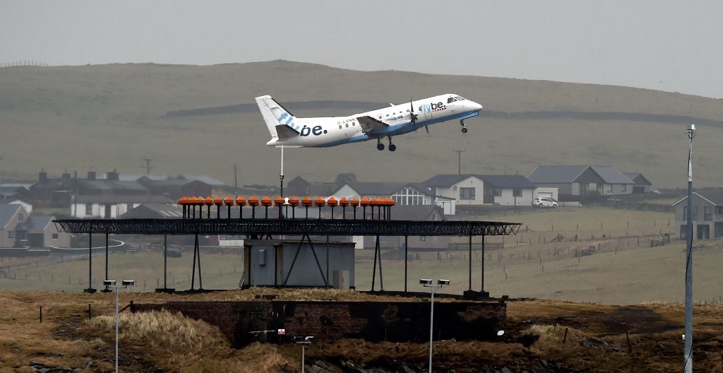 A Flybe aircraft takes off from Sumburgh Airport, Shetland.